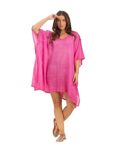 Kaftan court washed "Fuschia sombrero", bords pompons, coton, TU