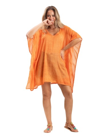 Kaftan court washed "Orange crepuscule", bords pompons, coton, TU