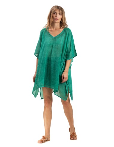 Kaftan court washed "Vert Cactus", bords pompons, coton, TU