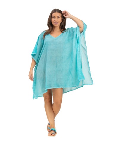 Kaftan court washed "Bleu Caraïbes"bords pompons,coton TU