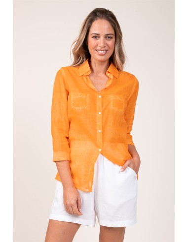 Chemisier washed "Orange Pinata", manches longues, 2 poches, coton, SMLXL