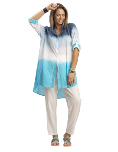 Chemise longue "Tie and dye de bleu"boutonnée,base arrondie,coton (S-M-L-XL)