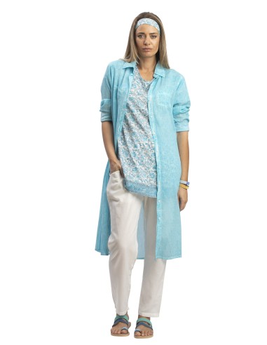 Chemise longue washed ciel,2 poches,boutonnée,base droite,fentes,coton SMLXL