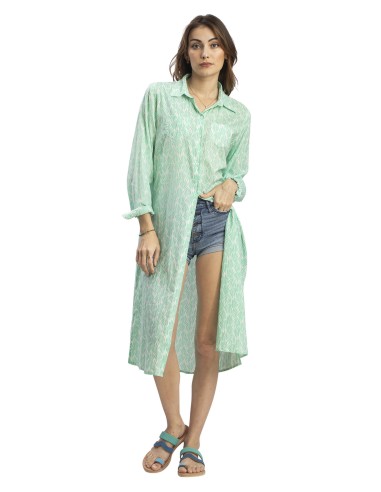 Chemise longue "Aloe acqua",2 poches,boutonnée,base droite,fentes,coton SMLXL