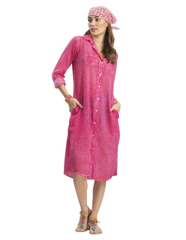 Chemise longue washed fuschia,2 poches,boutonnée,base droite,fentes,coton SMLXL