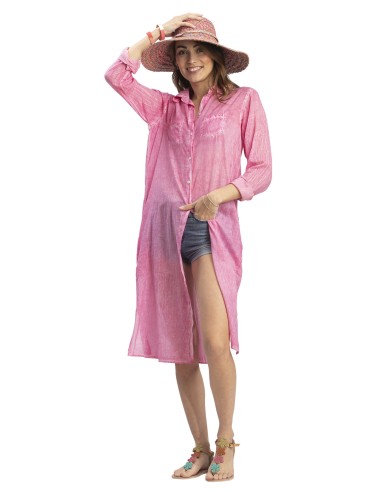 Chemise longue washed rose,2 poches,boutonnée,base droite,fentes,coton SMLXL