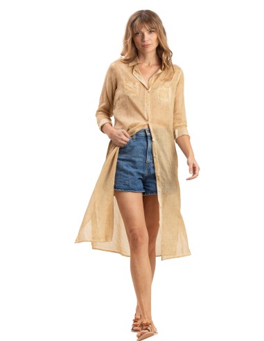 Chemise L washed"Beige Dulce",2 poches,boutonnée, base droite,fentes,coton SMLXL