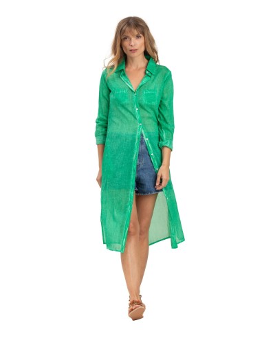 Chemise L washed"Vert Guacamole" ,2 poches, boutonnée, base droite, fentes,coton