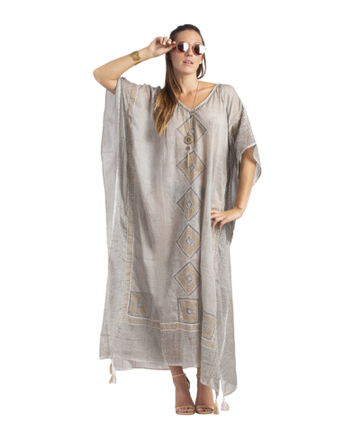 Kaftan long taupe, impressions carré, broideries, bord pompons, coton TU