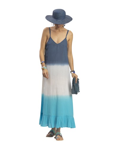 Robe longue droite "Tie and dye de bleu", col V, 1 volant, coton (S,M,L,XL)