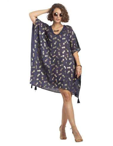 Kaftan mi-long navy impressions ananas gold, bord pompons, coton TU