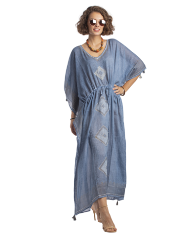 Kaftan long marine, lien taille, col V gold,  bord pompons, coton TU