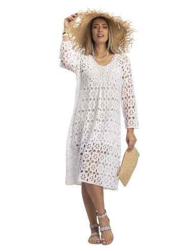 Robe mi-longue blanche ajourée,broderie anglaise,col V,manch longues,coton SMLXL