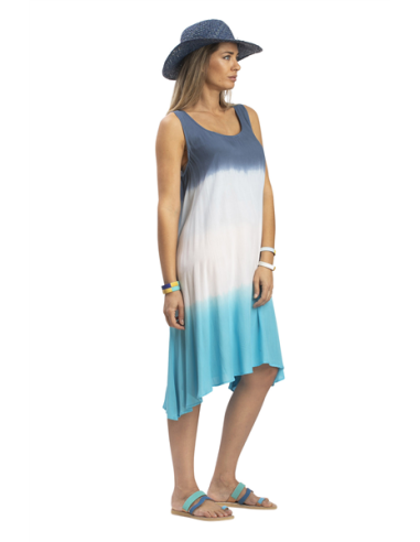 Robe mi-long."Tie and dye de bleu"col rond,ss manch,base ronde pointes cotés