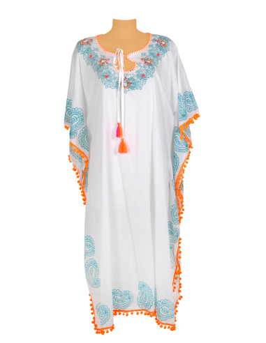 Kaftan long blanc, impressions vertes, broderies perles pompons orange coton TU