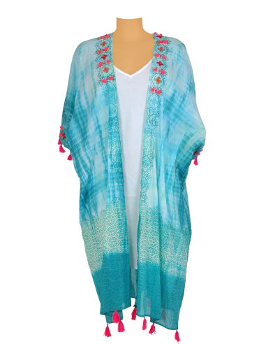 Kimono tie&dye turquoise impression et broderies perles pompons fuschia coton TU