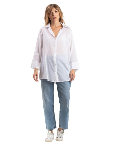 Chemise ample washed "Blanc"boutons,manches longues larges,coton (SMLXL)