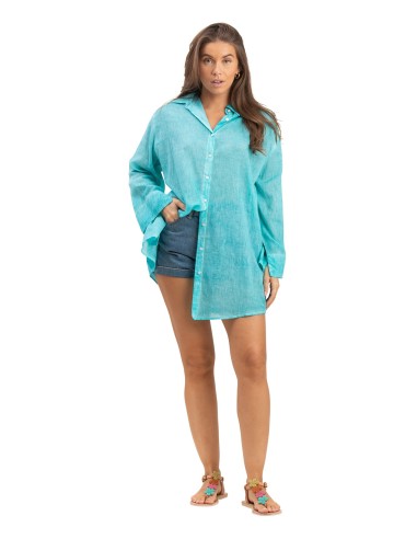 Chemise ample washed "Bleu Caraïbes"boutons,manches longues larges,coton (SMLXL)