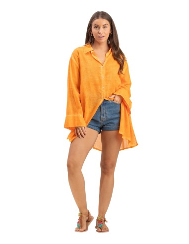 Chemise ample washed "Orange Pinata"boutons,manches longues larges,coton (SMLXL)