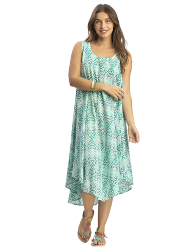 Robe mi-longue"Jardin Arabesq aqua" col rond, ss manches, base ronde,coton SMLXL