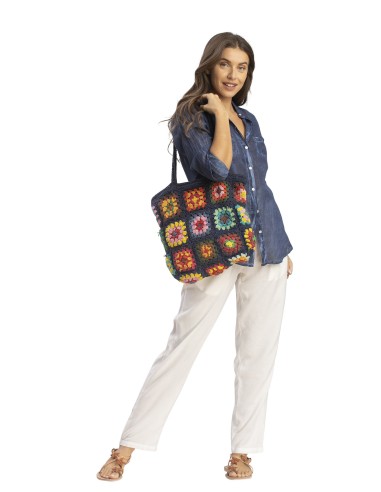 Sac navy empiècements colorés crochet,anses,zip,doublé,coton 36x35