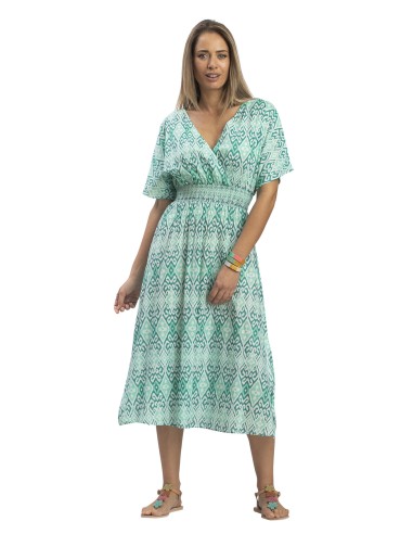 Robe L."Jard Arabesq acqua"taille smokée,col V ouvert,manch courtes,fentes,coton