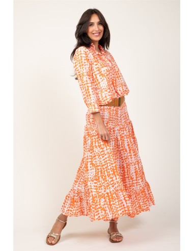 Robe mi-L./jupe"Tie & Dye Orange Sunset/Blanc"poit/taille smocké,ss manch,volant