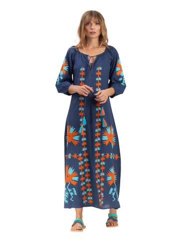 Tuniq L "base Navy" brodée fleurs "Bleu/Orange",ML, col avec liens, coton, SMLXL