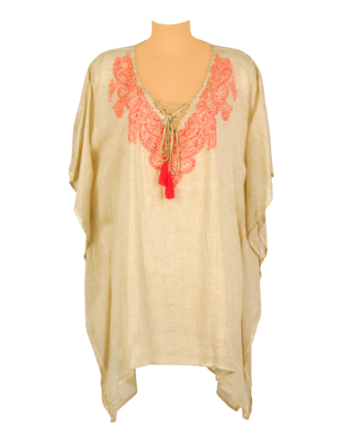 Kaftan taupe, brodé rose, col lacé avec pompoms, coton, TU