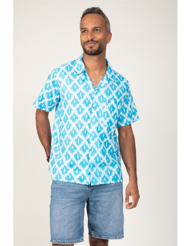 Chemise homme "Losanges Flous Bleu Caraïbes"manches courtes,1 poche,cot