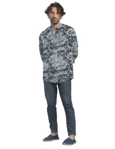 Tunique homme "Vrilles navy",col officier, manches longues, coton, (S,M,L,XL)