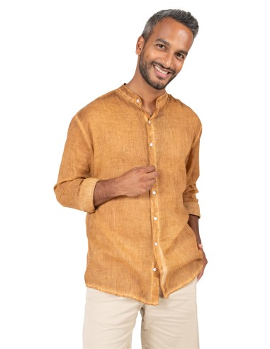 Tunique homme washed "Marron pécan", col officier, manches longues, coton, SMLXL