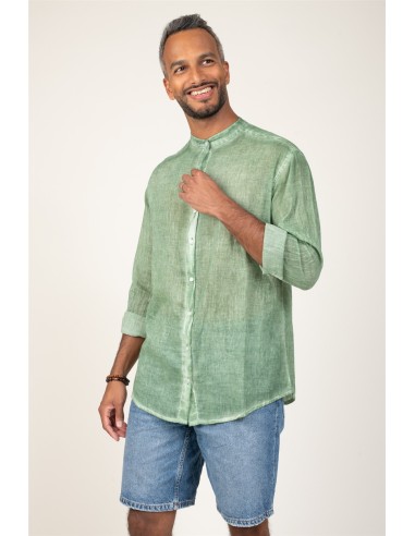 Tunique homme washed "Vert Empereur"col officier,ml,boutons,coton (SMLXL)