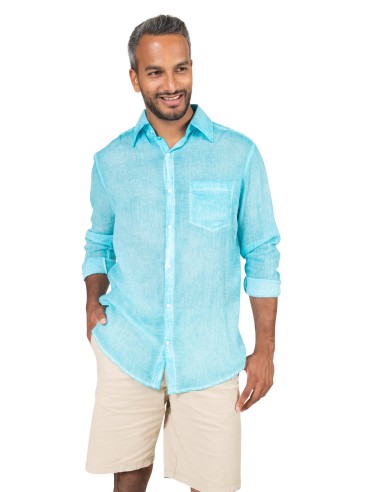 Chemisier homme washed "Bleu Caraibes", manches longues, 1 poche, coton, SMLXL