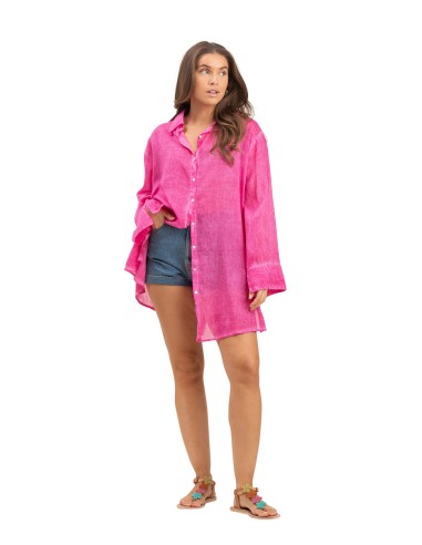 Chemise ample washed fuschia ,boutonnage avant/faux arrière,base droite