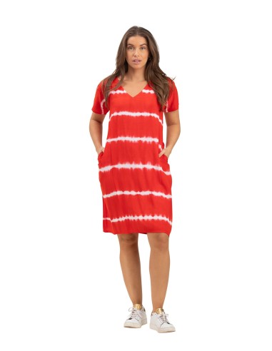 Robe courte "Tie and Dye Rouge pimenté", mc, col v, 2 poches, viscose, SMLXL