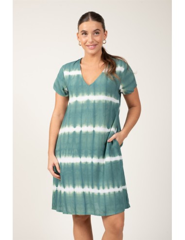 Robe courte"Tie and Dye Vert Empereur"mc,col v,2poches,viscose (SMLXL)