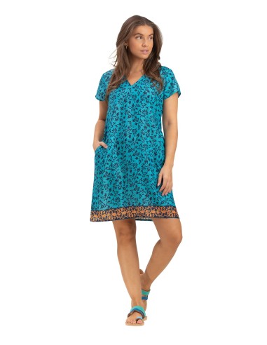 Robe courte"Floral Bleu Caraibes",manches courtes,col v,2 poches,polyester,SMLXL