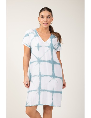 Robe courte"Dye Bleu Océan"mc,col v,2poches,viscose (SMLXL)