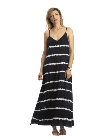 Robe longue droite "Tie and dye noir", 1 volant, viscose, SMLXL