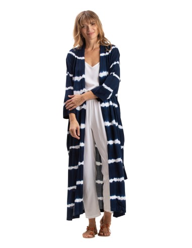 Kimono long"Tie and Dye Navy Acapulco",2 poches,fentes cotés,ceinture,viscose TU