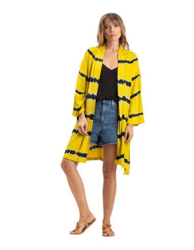 Kimono mi-long "Tie and Dye Noir/ Jaune", 2 poches, ceinture, viscose TU