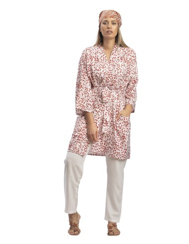 Kimono court blanc tacheté pourpre,2 poches,ceinture, viscose TU