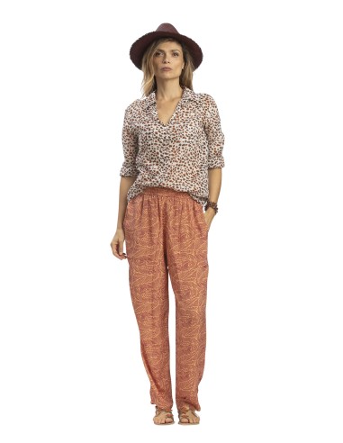 Pantalon "Feuillages ocre" taille elastiq,poches cotés polyester SMLXL