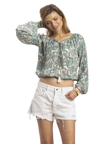 Top "Indiana acqua/ vert",ML elastic, liens col,taille élastique,polyester SMLXL