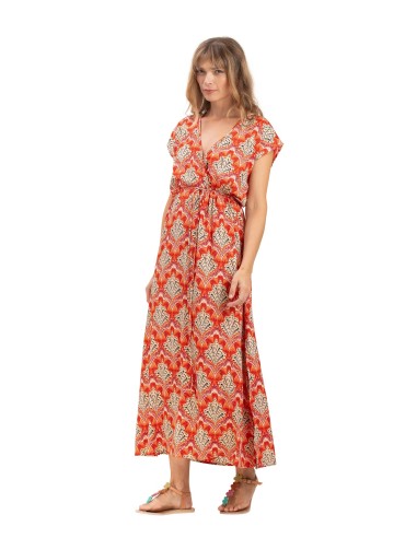 Robe longue "Merveilles orange" coeur croisé,elastique taille,mc polyester SMLXL