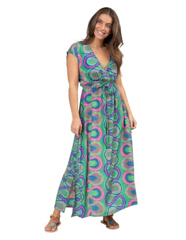 Robe longue"Cactus rose et vert"coeur croisé,elastique taille,mc polyester SMLXL