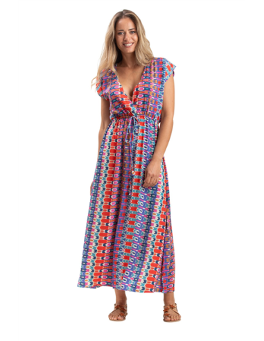 Robe longue "Multico Mexico" coeur croisé, elastique taille, mc polyester SMLXL