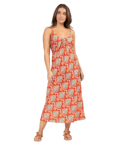 Robe longue "Merveilles orange" fines bretelles, lien taille, polyester SMLXL