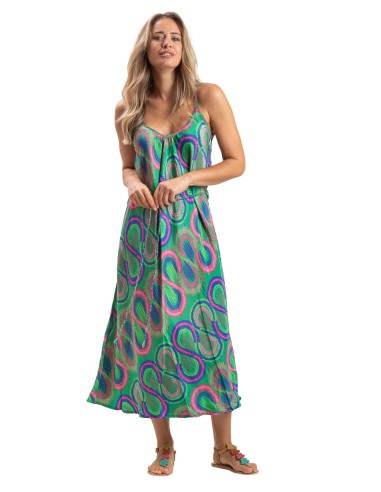 Robe longue "Cactus rose et vert" fines bretelles, lien taille, polyester SMLXL